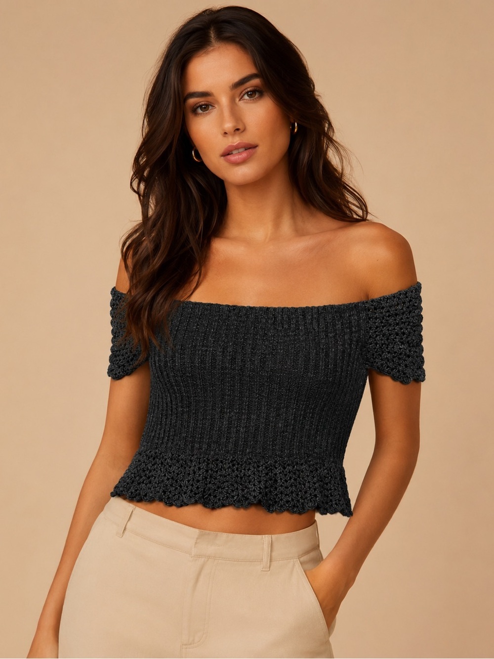 MAZ Off Shoulder Crochet Knit Top M/L Boho Cottagecore